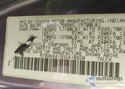 2003 Toyota Tundra Sr5 from USA, damaged, VIN 5TBRN34193S410920